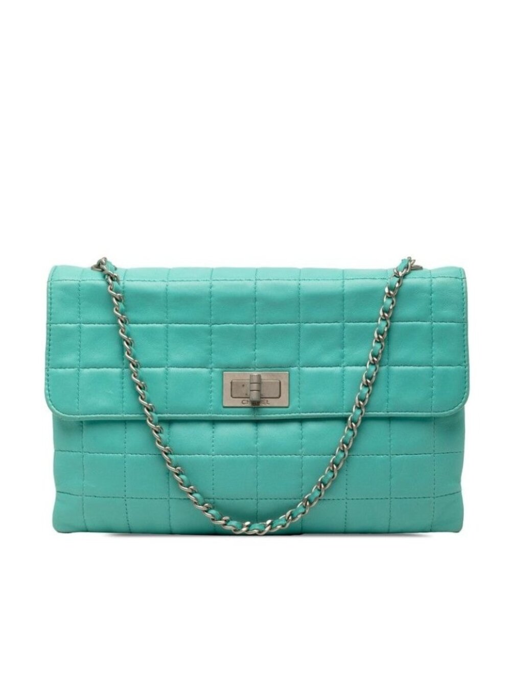 Chanel 2.55 Choco Bar Chain Shoulder Bag Turquoise Blue Lambskin